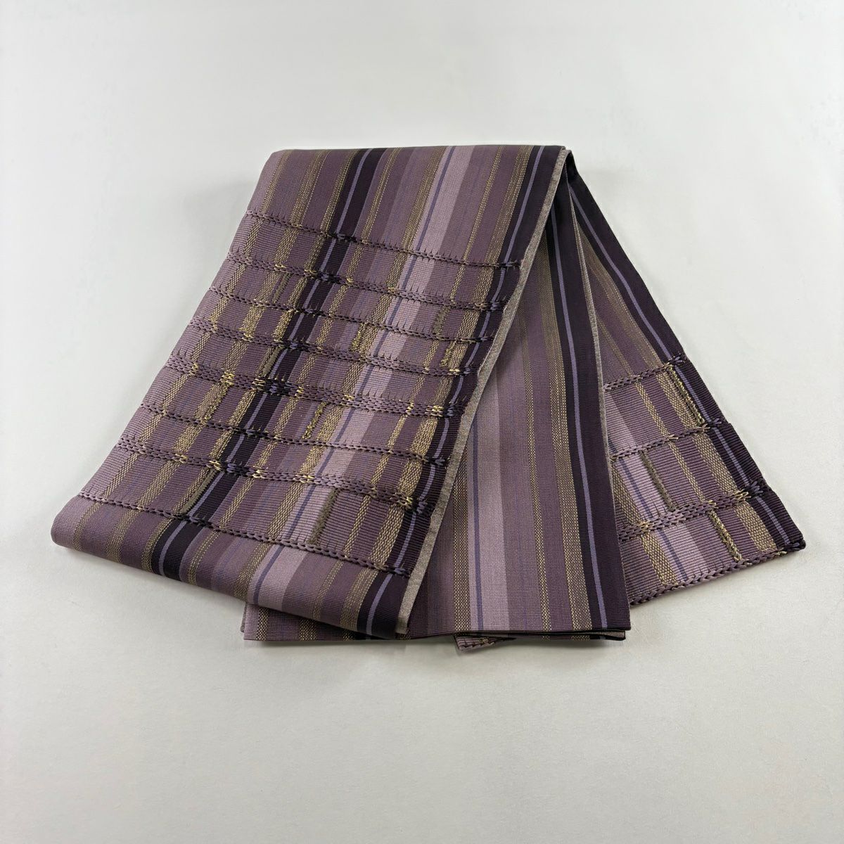 【美品】 袋帶 秀品級 縞 金絲 灰紫 お太鼓圖案 純蠶絲