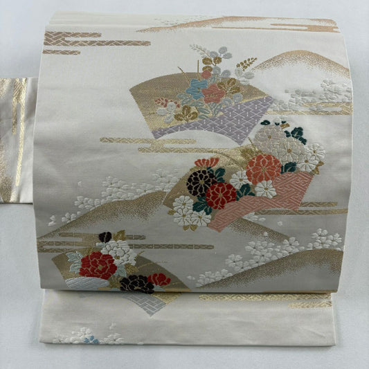【美品】名古屋帶 秀品級 扇子面 草花紋紋 唐織 金金箔 奶油色 純蠶絲