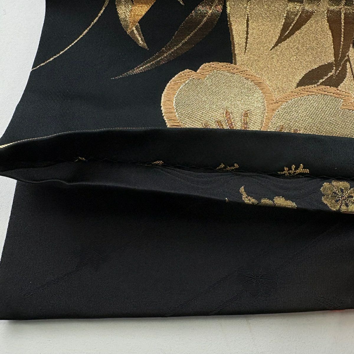【美品】 袋帶 秀品級 尾長鳥 櫻花 唐織 金絲 金 六通 純蠶絲
