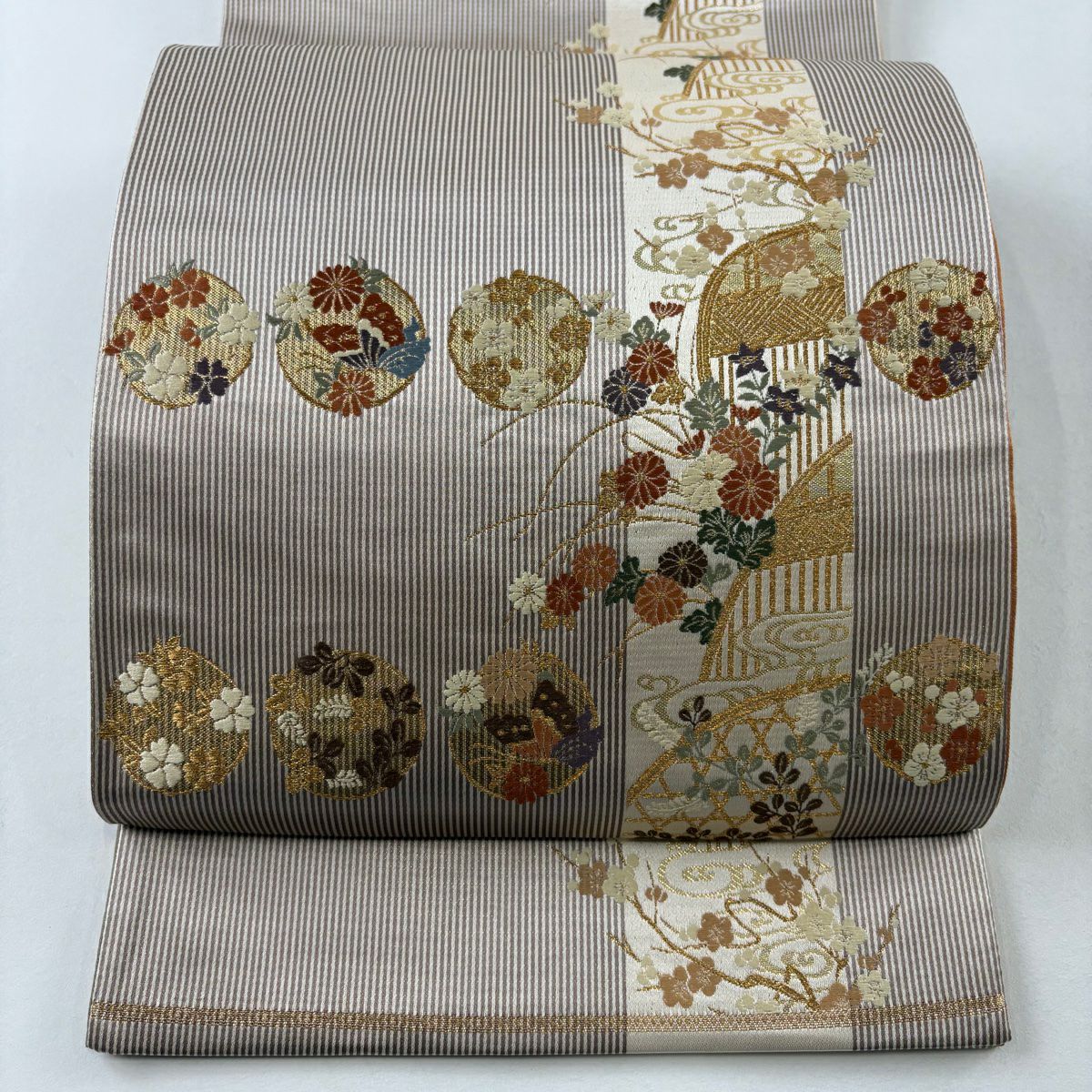【美品】 袋帶 秀品級 關西仕立 花丸紋 縞 金絲 金金箔 茶 六通 純蠶絲