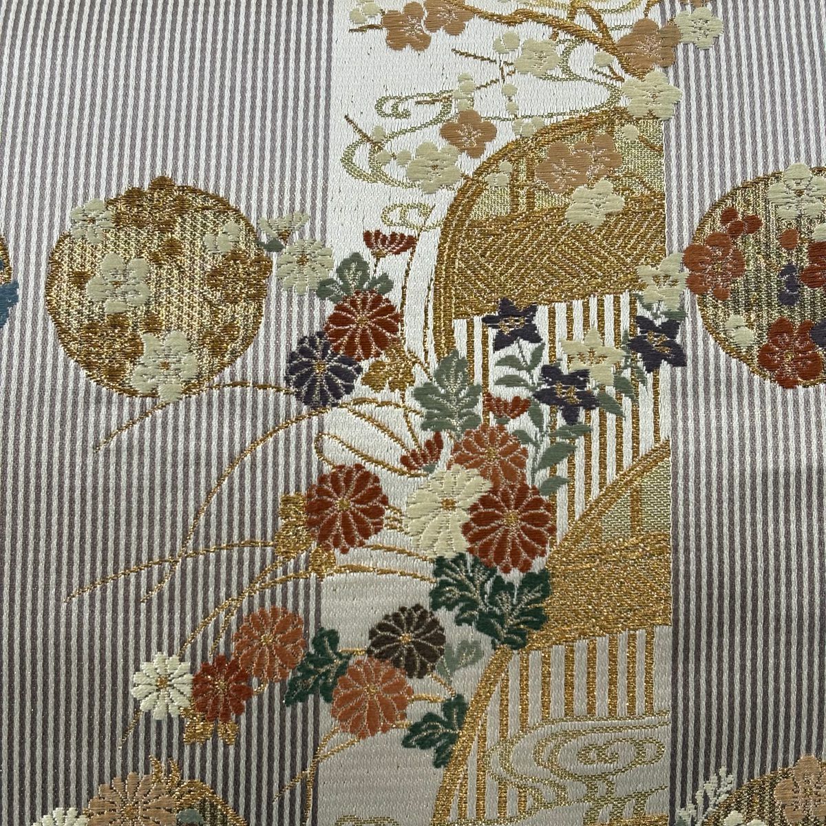 【美品】 袋帶 秀品級 關西仕立 花丸紋 縞 金絲 金金箔 茶 六通 純蠶絲
