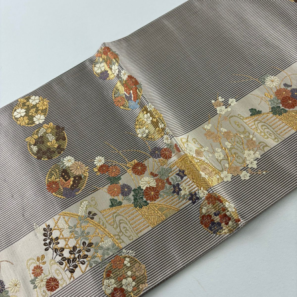 【美品】 袋帶 秀品級 關西仕立 花丸紋 縞 金絲 金金箔 茶 六通 純蠶絲