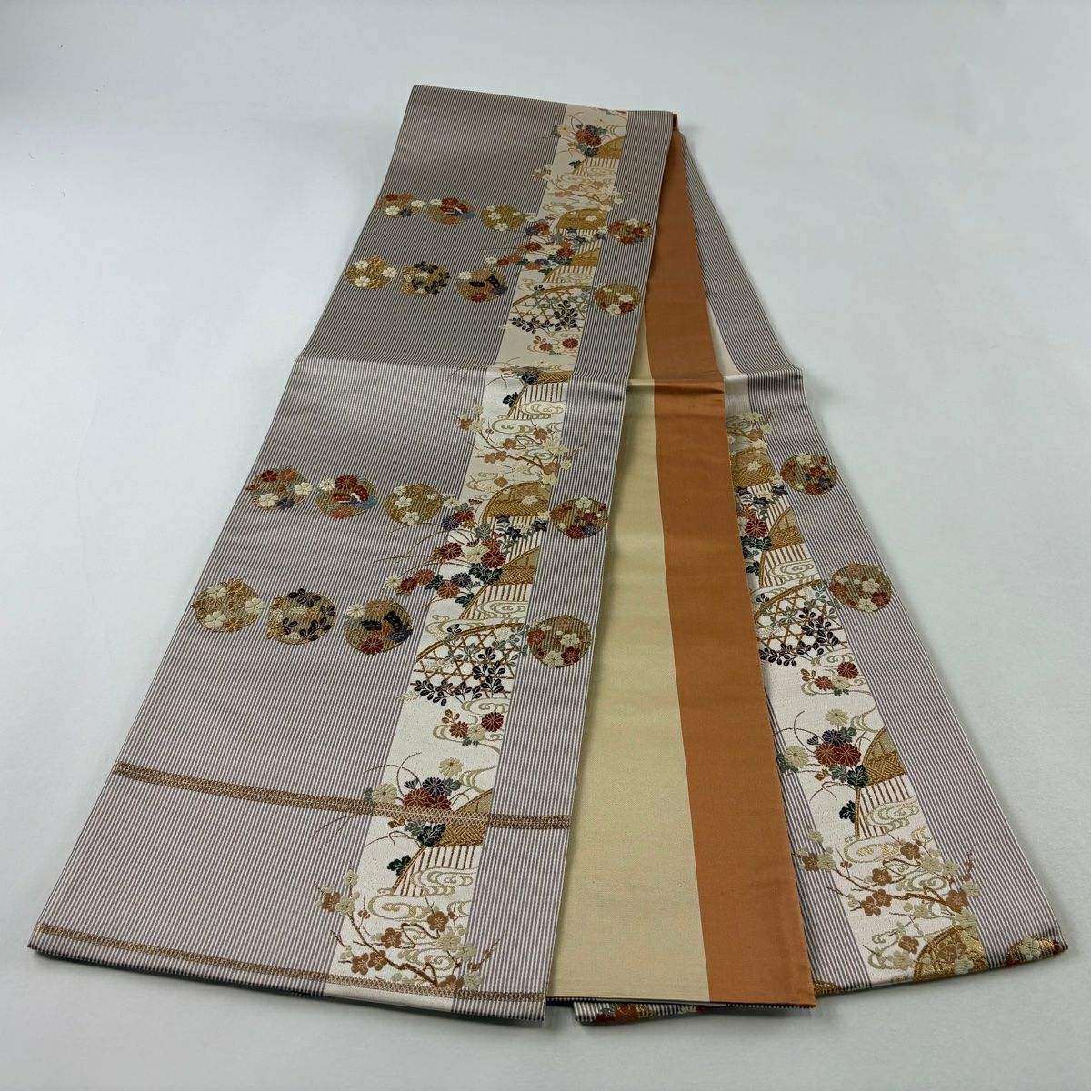 【美品】 袋帶 秀品級 關西仕立 花丸紋 縞 金絲 金金箔 茶 六通 純蠶絲