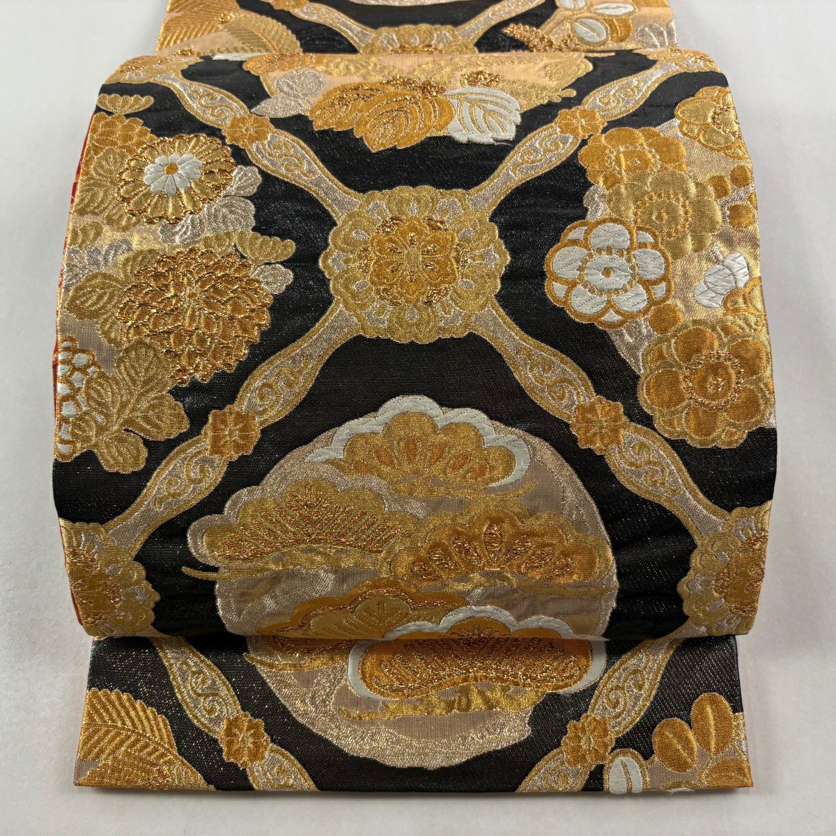 【美品】 袋帶 秀品級 笠松樹 格天井 金銀絲 金金箔 黑灰 六通 純蠶絲