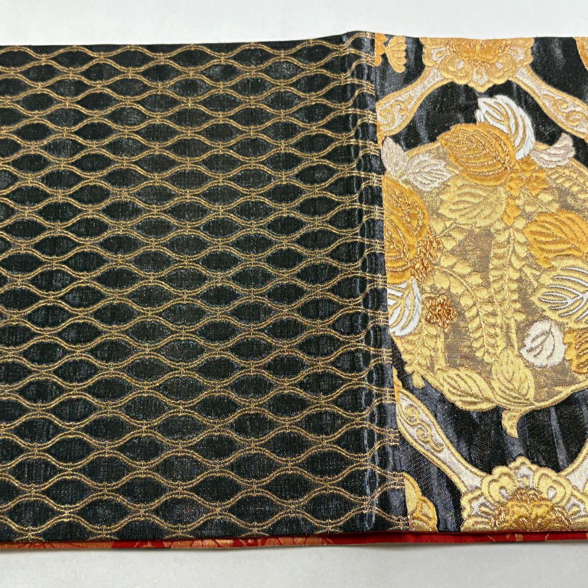 【美品】 袋帶 秀品級 笠松樹 格天井 金銀絲 金金箔 黑灰 六通 純蠶絲