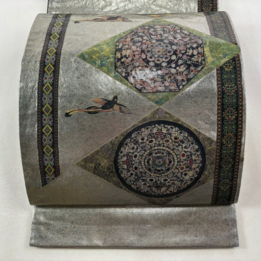袋帶 秀品級 鏡裏文 鳥 螺鈿金金箔 金銀彩 銀 純蠶絲