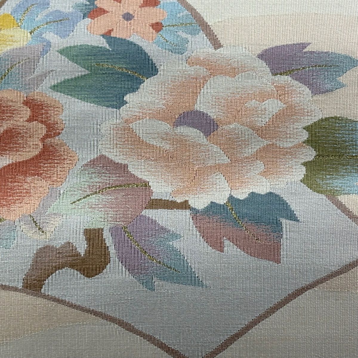 【美品】名古屋帶 秀品級 八寸名古屋帶 牡丹 霞 金絲 奶油色 純蠶絲