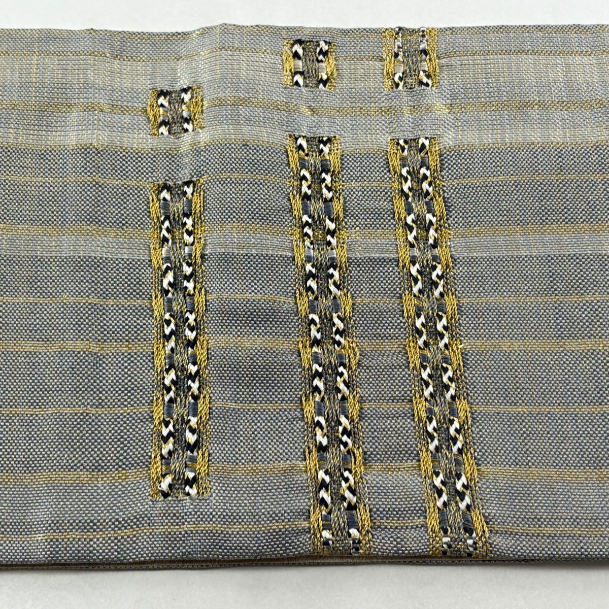 【美品】 袋帶 秀品級 條紋 金絲 青灰 深藍色 お太鼓圖案 純蠶絲