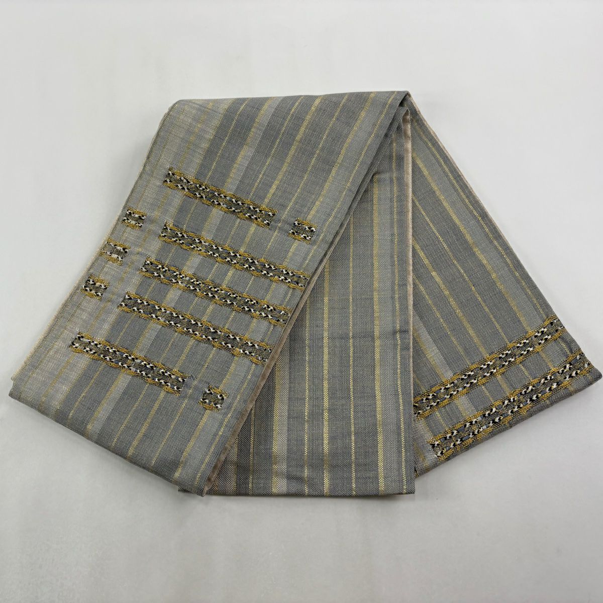 【美品】 袋帶 秀品級 條紋 金絲 青灰 深藍色 お太鼓圖案 純蠶絲
