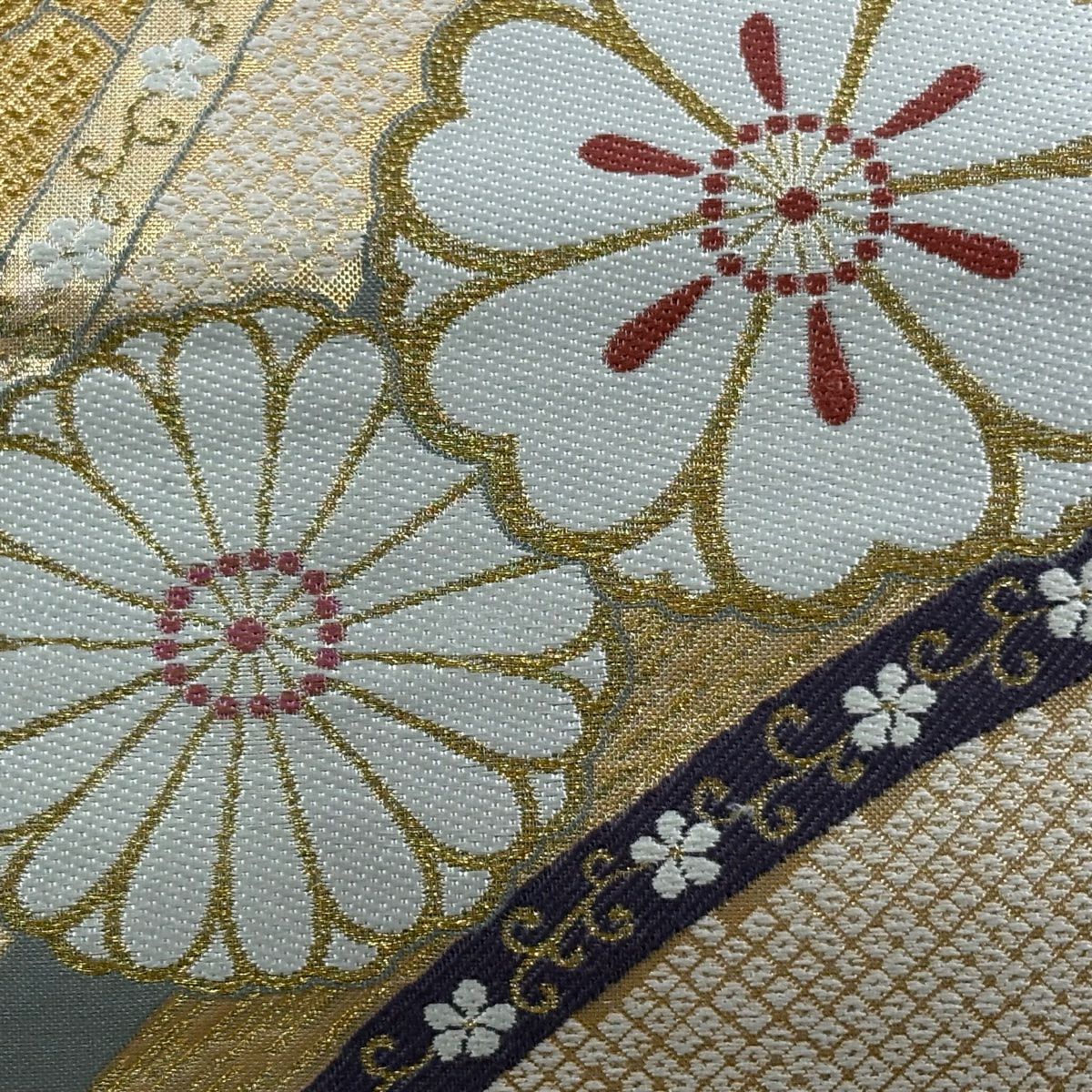 袋帶 秀品級櫻花菊花 金絲 金金箔 灰色 六通 純蠶絲