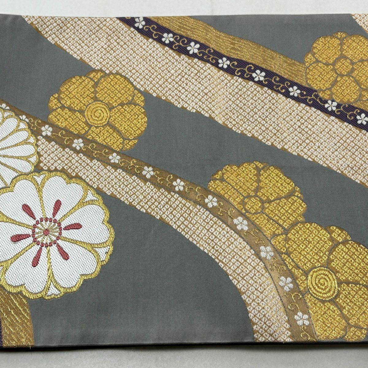 袋帶 秀品級櫻花菊花 金絲 金金箔 灰色 六通 純蠶絲