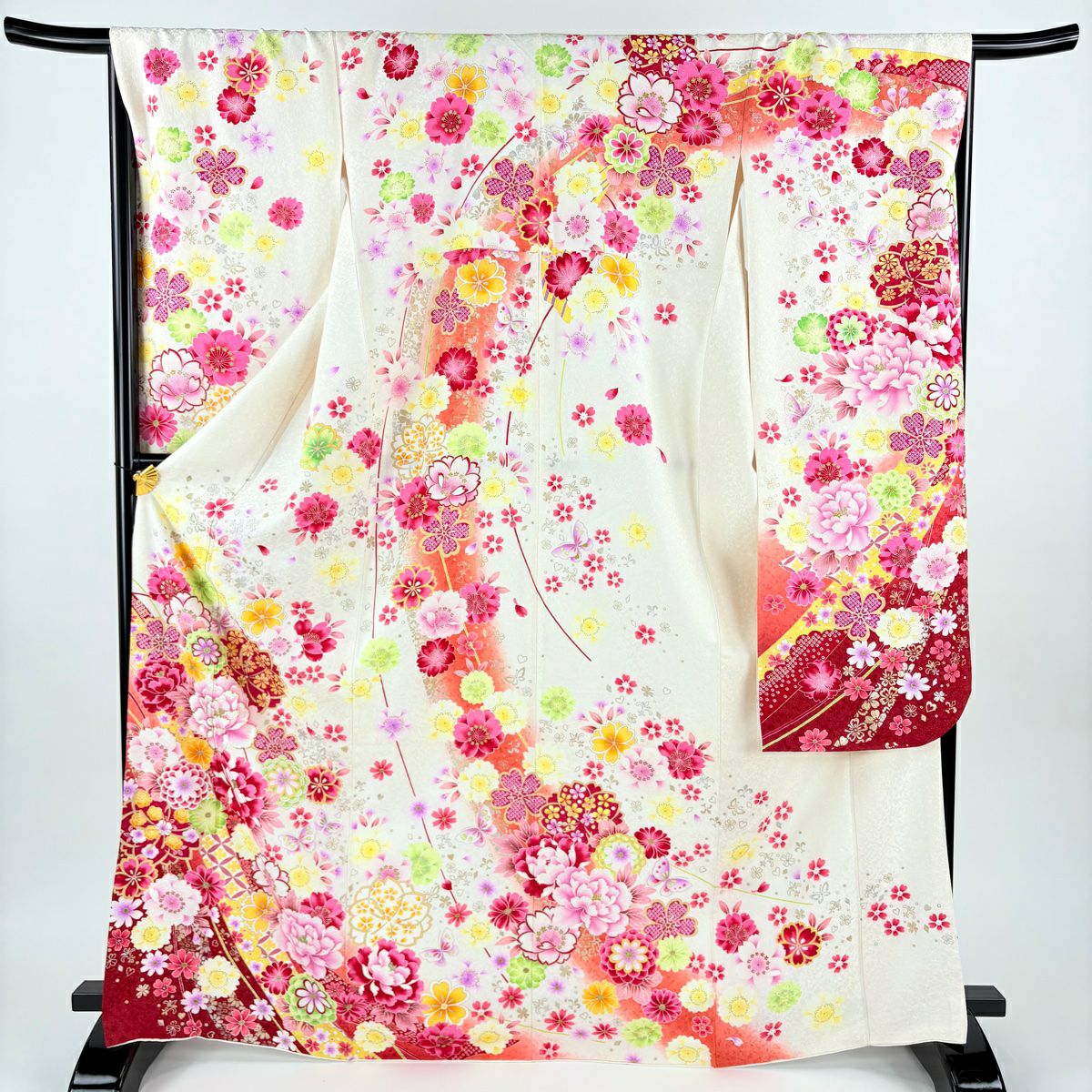振袖禮服 身長169.5cm 袖長68cm L 雙層 牡丹 櫻花 金銀彩 刺繡 奶油色 純蠶絲 逸品級
