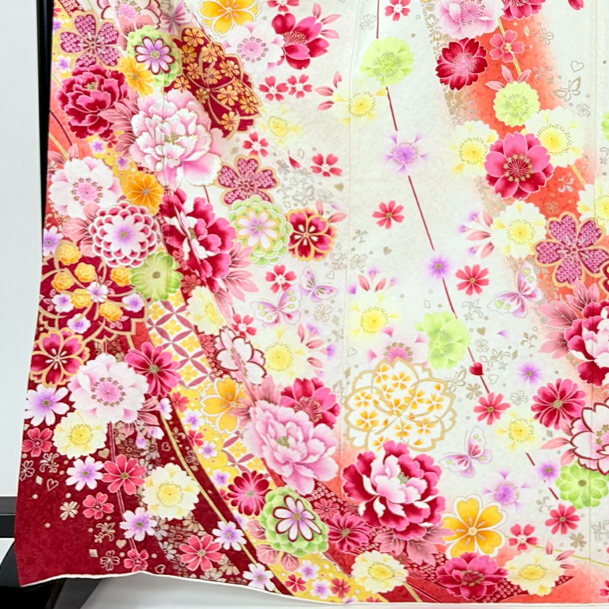 振袖禮服 身長169.5cm 袖長68cm L 雙層 牡丹 櫻花 金銀彩 刺繡 奶油色 純蠶絲 逸品級