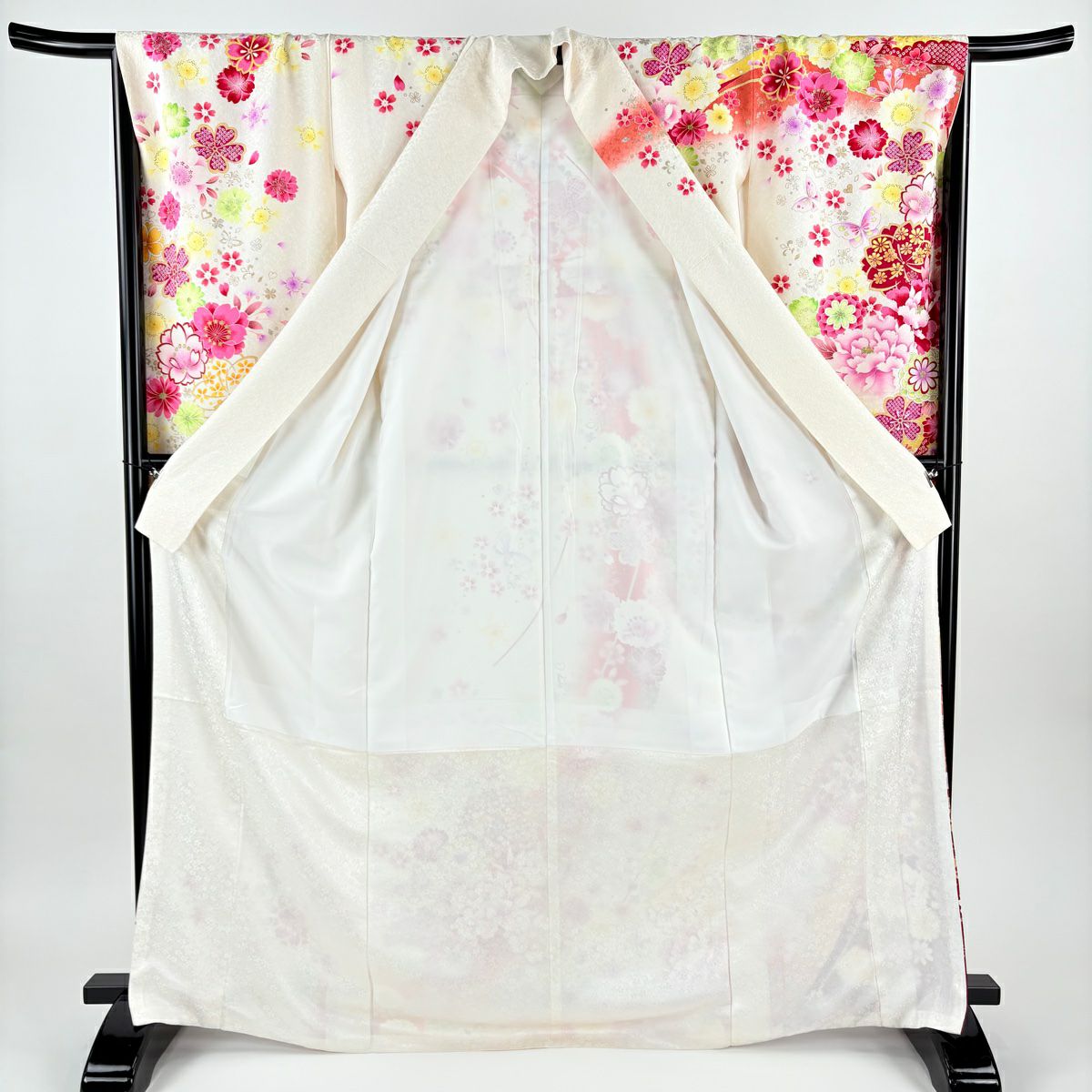 振袖禮服 身長169.5cm 袖長68cm L 雙層 牡丹 櫻花 金銀彩 刺繡 奶油色 純蠶絲 逸品級