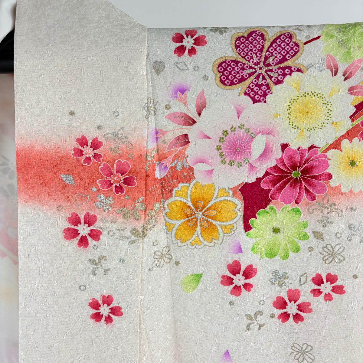 振袖禮服 身長169.5cm 袖長68cm L 雙層 牡丹 櫻花 金銀彩 刺繡 奶油色 純蠶絲 逸品級