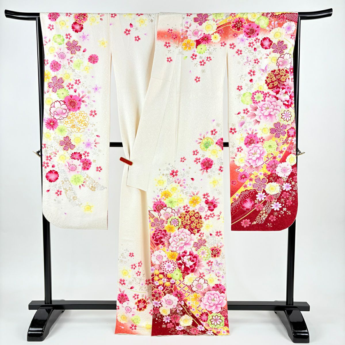 振袖禮服 身長169.5cm 袖長68cm L 雙層 牡丹 櫻花 金銀彩 刺繡 奶油色 純蠶絲 逸品級