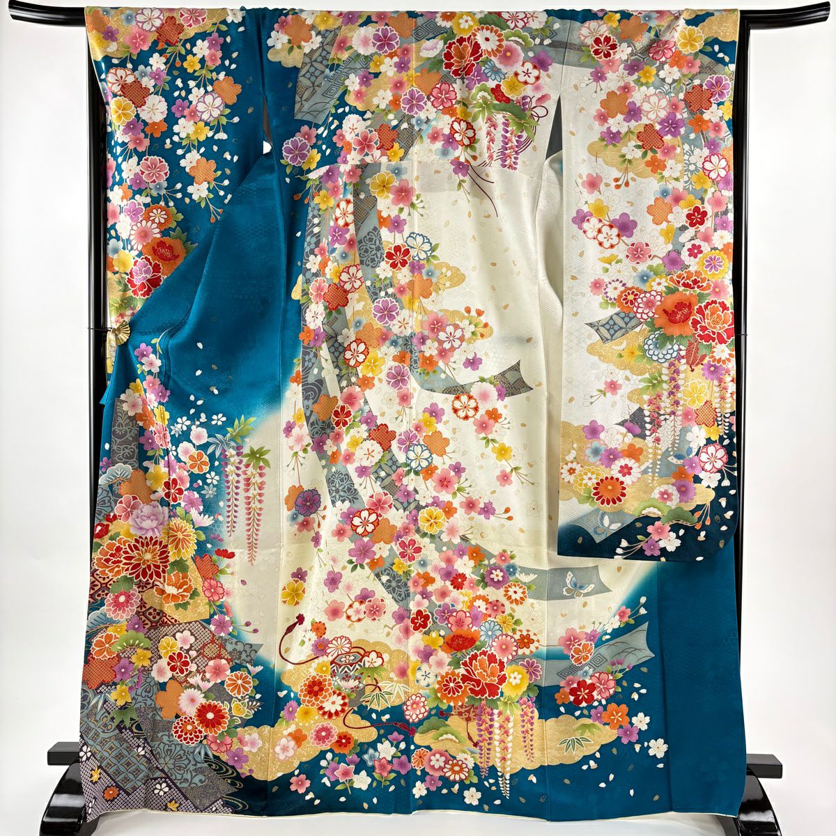 振袖禮服 身長170.5cm 袖長68cm L 雙層 菊花 短冊 銀通 金銀彩 青綠 純蠶絲 逸品級