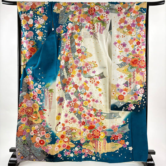 振袖禮服 身長170.5cm 袖長68cm L 雙層 菊花 短冊 銀通 金銀彩 青綠 純蠶絲 逸品級