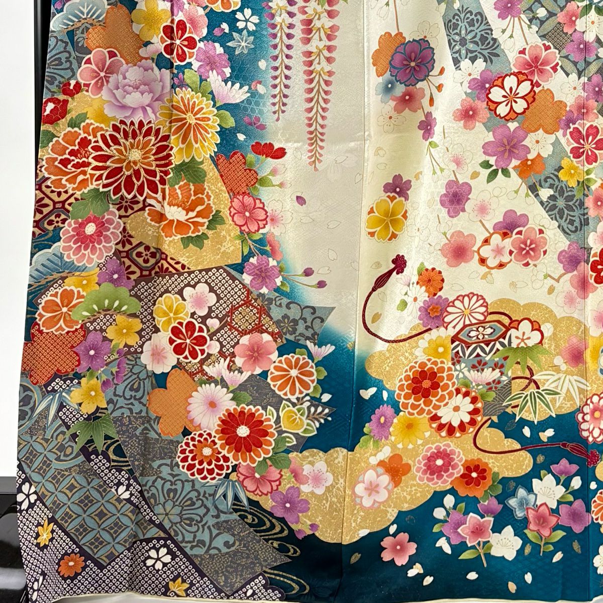 振袖禮服 身長170.5cm 袖長68cm L 雙層 菊花 短冊 銀通 金銀彩 青綠 純蠶絲 逸品級