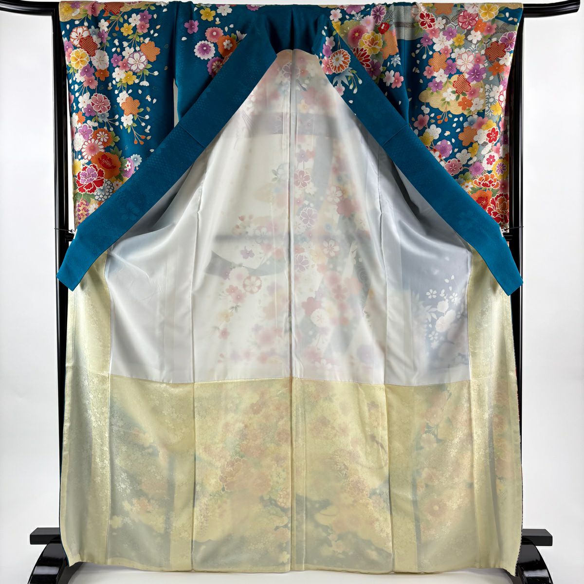 振袖禮服 身長170.5cm 袖長68cm L 雙層 菊花 短冊 銀通 金銀彩 青綠 純蠶絲 逸品級