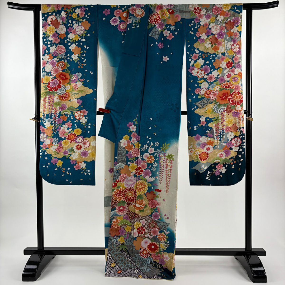 振袖禮服 身長170.5cm 袖長68cm L 雙層 菊花 短冊 銀通 金銀彩 青綠 純蠶絲 逸品級