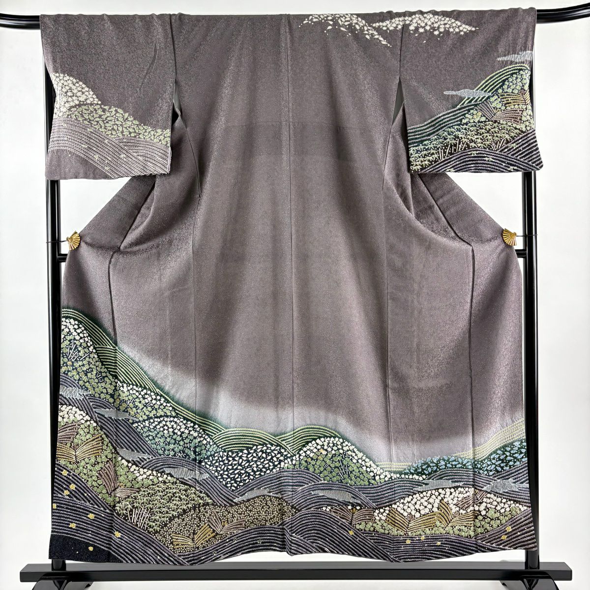 訪問服 身長155cm 袖長70cm L 雙層 鈕襟 松樹竹子梅花 波 絞染 銀通 灰紫 純蠶絲 逸品級