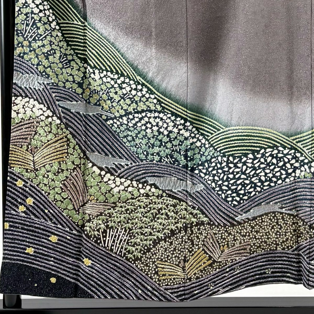 訪問服 身長155cm 袖長70cm L 雙層 鈕襟 松樹竹子梅花 波 絞染 銀通 灰紫 純蠶絲 逸品級