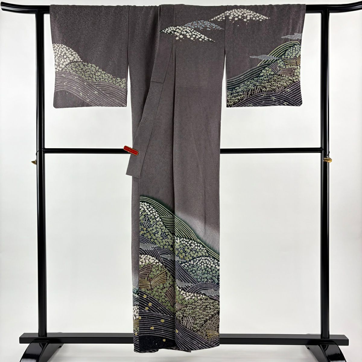 訪問服 身長155cm 袖長70cm L 雙層 鈕襟 松樹竹子梅花 波 絞染 銀通 灰紫 純蠶絲 逸品級