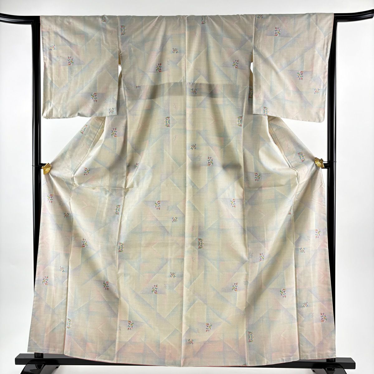 【美品】 大島紬織 身長161.5cm 袖長64.5cm M 雙層 都喜ヱ門 證書あり 幾何學 奶油色 純蠶絲 逸品級