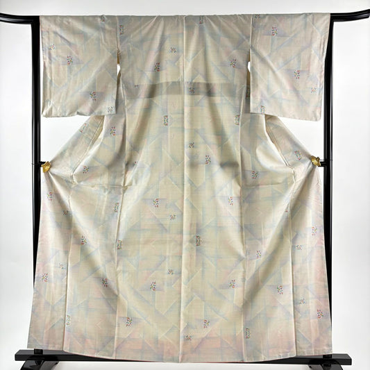 【美品】 大島紬織 身長161.5cm 袖長64.5cm M 雙層 都喜ヱ門 證書あり 幾何學 奶油色 純蠶絲 逸品級