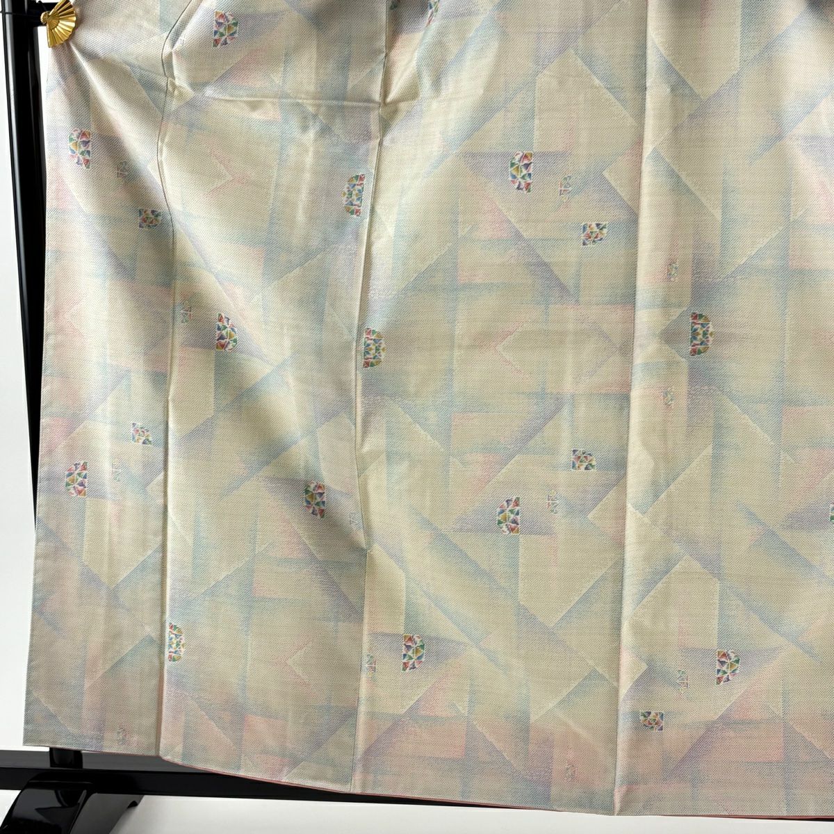 【美品】 大島紬織 身長161.5cm 袖長64.5cm M 雙層 都喜ヱ門 證書あり 幾何學 奶油色 純蠶絲 逸品級