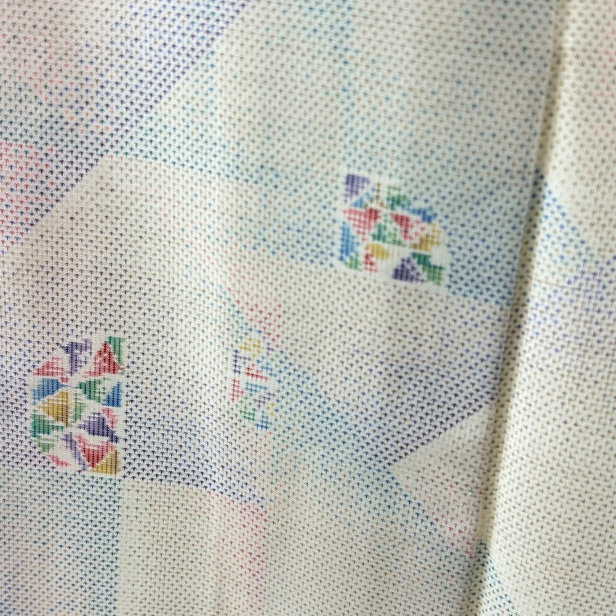 【美品】 大島紬織 身長161.5cm 袖長64.5cm M 雙層 都喜ヱ門 證書あり 幾何學 奶油色 純蠶絲 逸品級