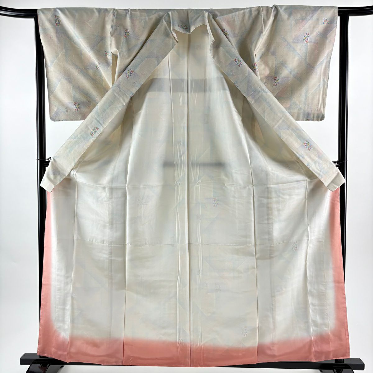 【美品】 大島紬織 身長161.5cm 袖長64.5cm M 雙層 都喜ヱ門 證書あり 幾何學 奶油色 純蠶絲 逸品級