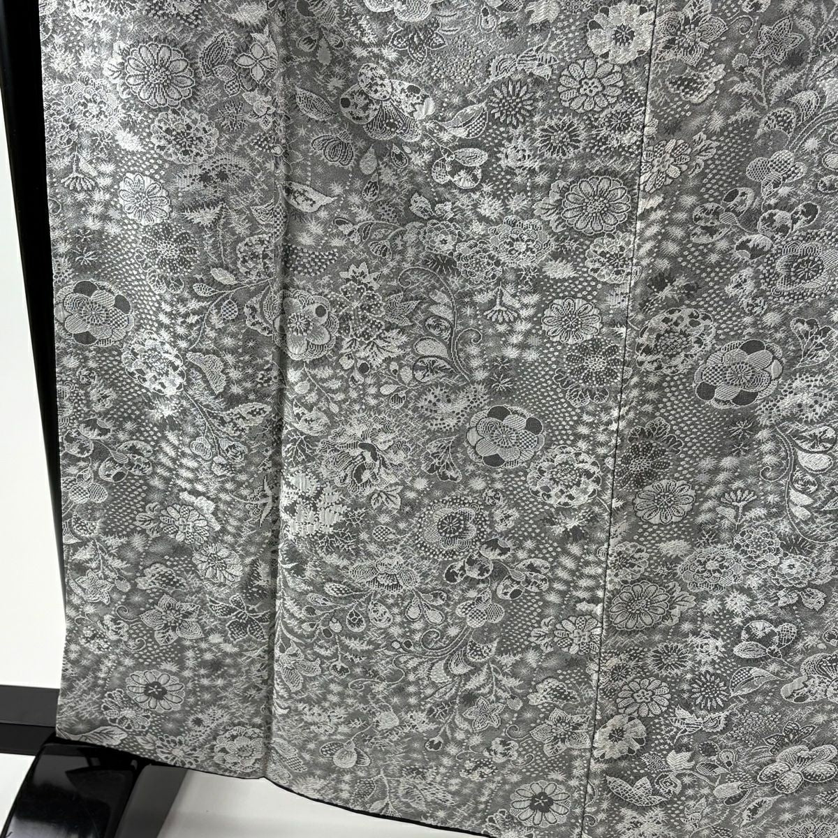 小紋 身長163.5cm 袖長67cm M 雙層 山岡古都 有落款 草花紋紋 菊花紋意匠 灰色 純蠶絲 逸品級