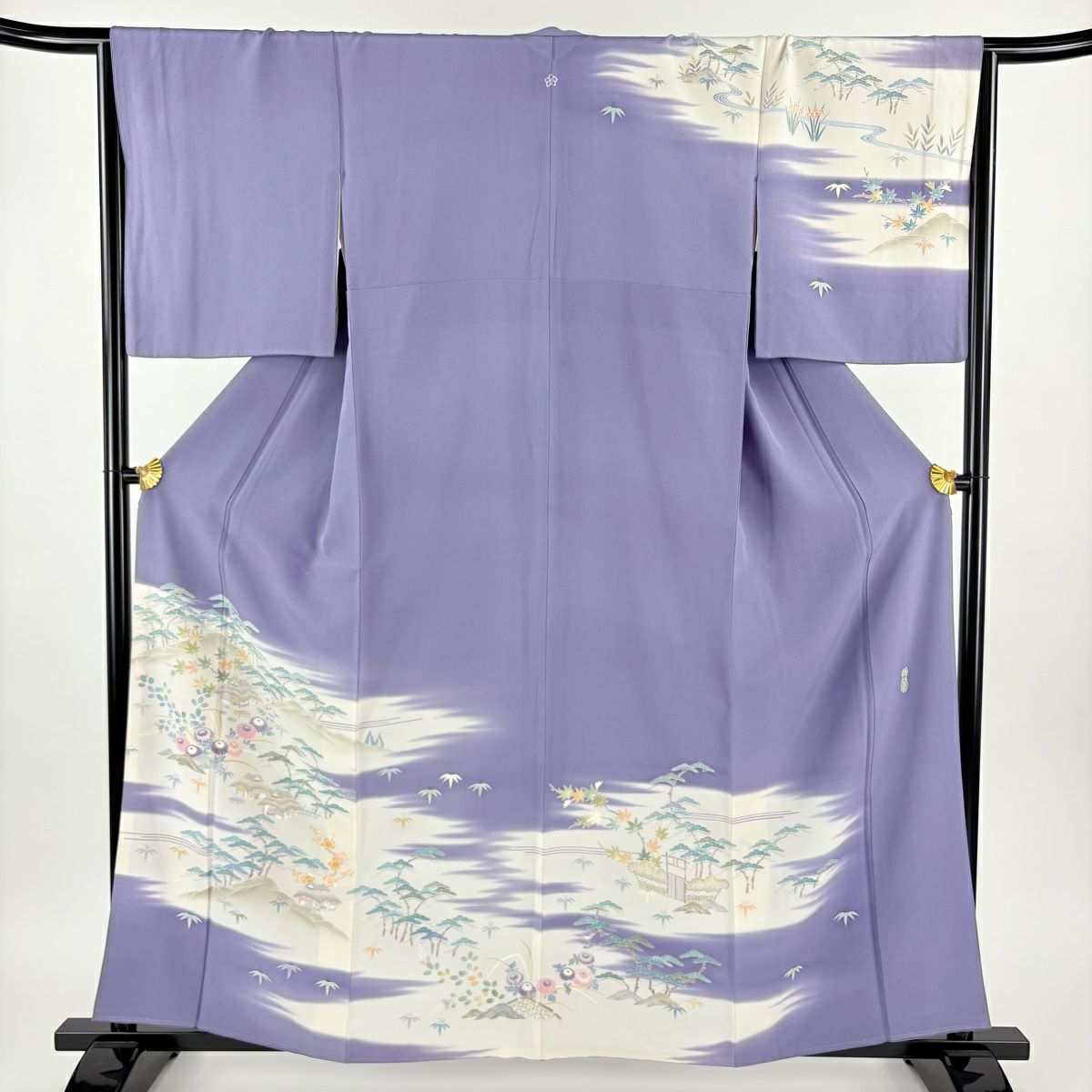 訪問服 身長160cm 袖長67cm M 雙層 清染居 上野街子 落款あり 松樹竹子梅花 建物 漸層 灰紫 純蠶絲 逸品級 一つ紋