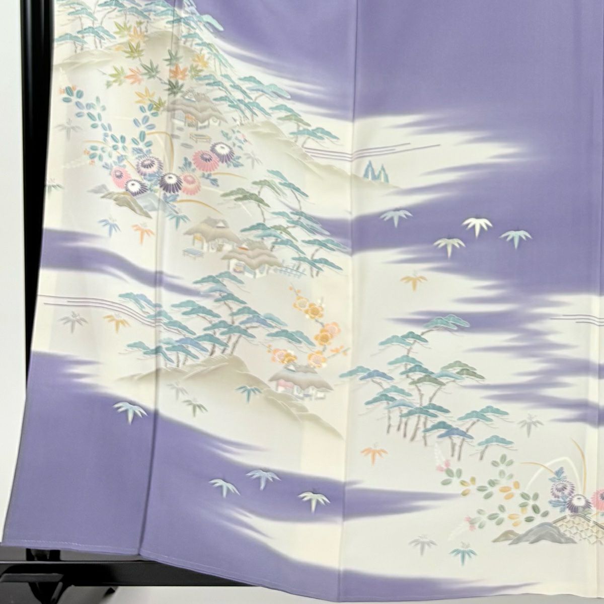 訪問服 身長160cm 袖長67cm M 雙層 清染居 上野街子 落款あり 松樹竹子梅花 建物 漸層 灰紫 純蠶絲 逸品級 一つ紋