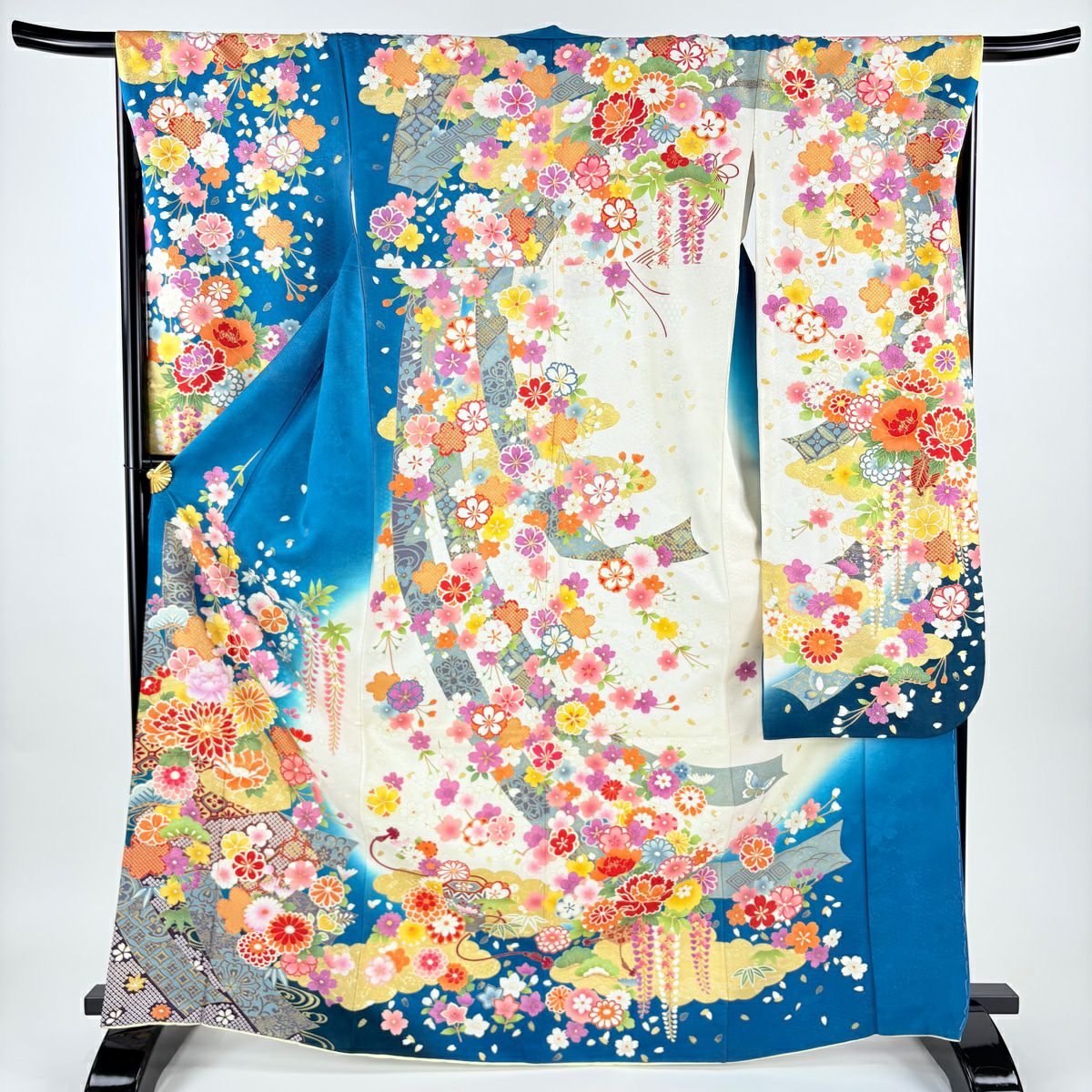 【美品】振袖禮服 身長169.5cm 袖長68cm L 雙層 菊花 短冊 金銀彩 青綠 純蠶絲 逸品級