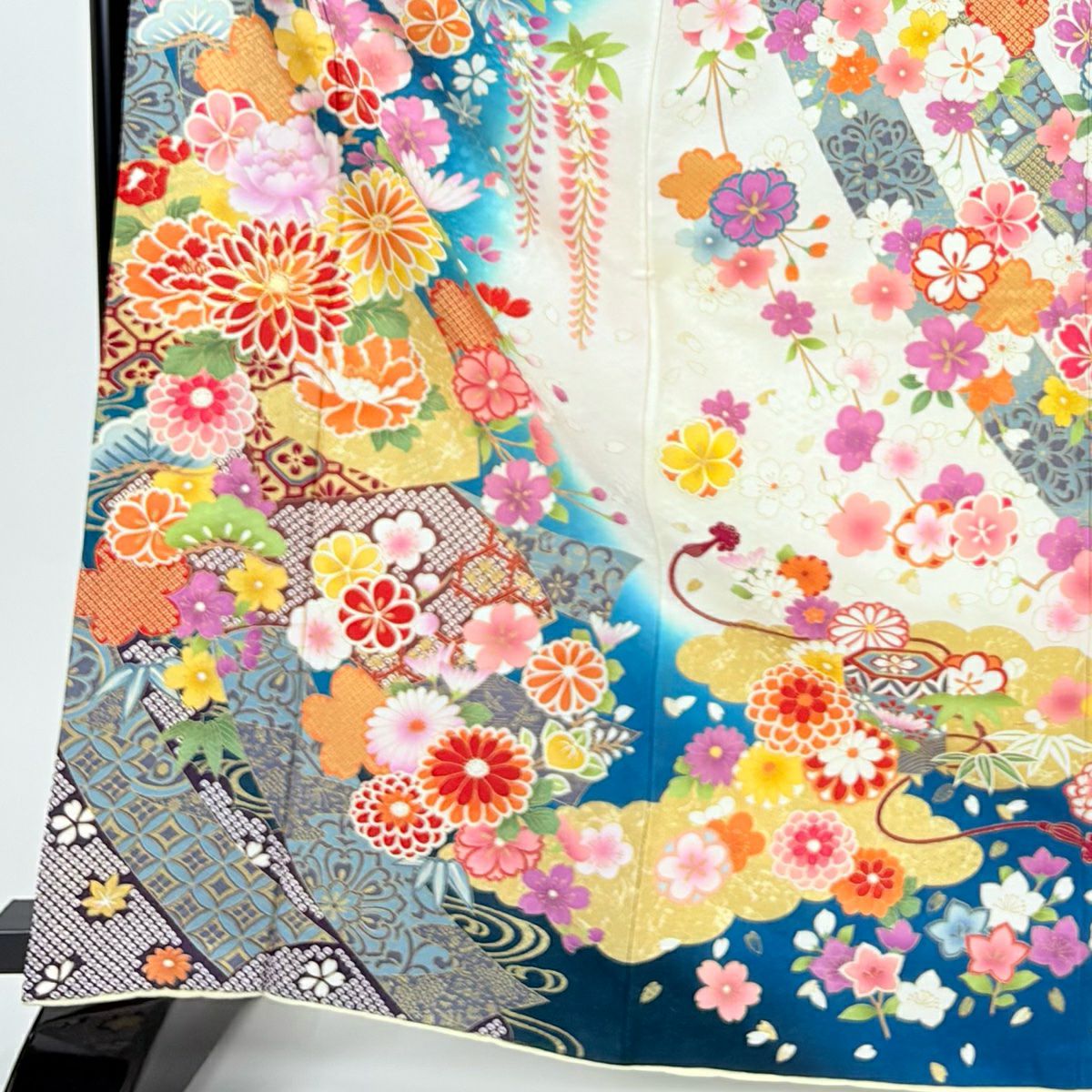 【美品】振袖禮服 身長169.5cm 袖長68cm L 雙層 菊花 短冊 金銀彩 青綠 純蠶絲 逸品級
