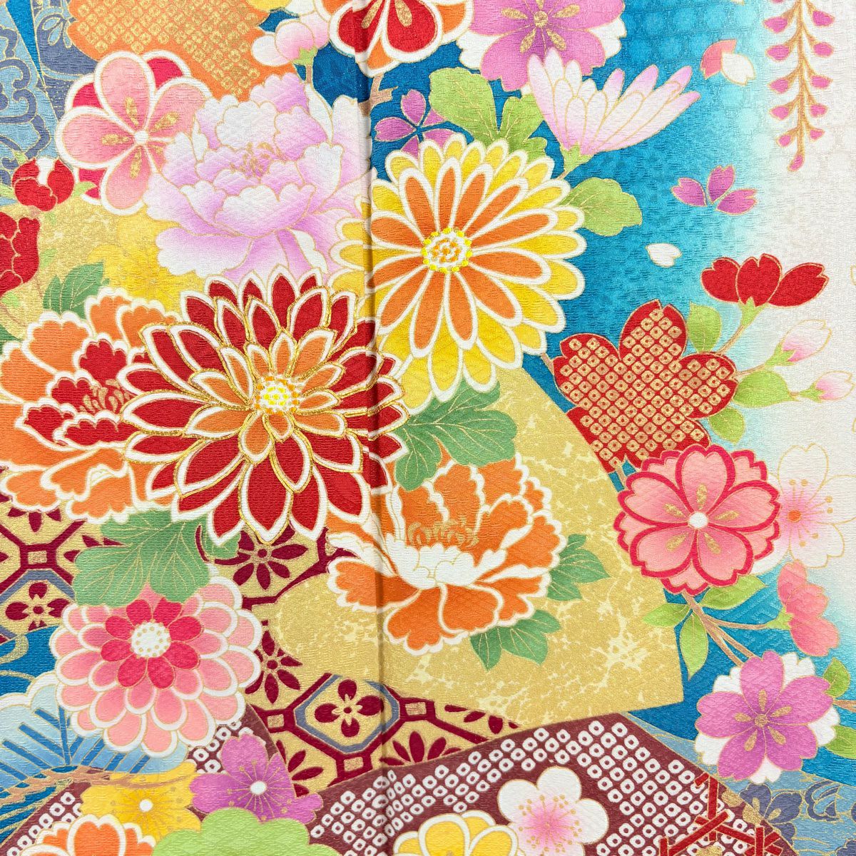 【美品】振袖禮服 身長169.5cm 袖長68cm L 雙層 菊花 短冊 金銀彩 青綠 純蠶絲 逸品級