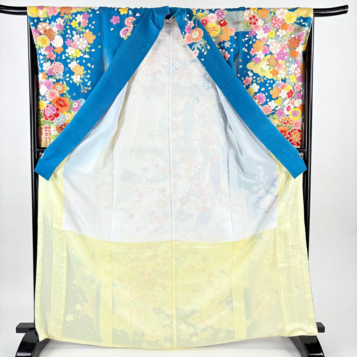 【美品】振袖禮服 身長169.5cm 袖長68cm L 雙層 菊花 短冊 金銀彩 青綠 純蠶絲 逸品級