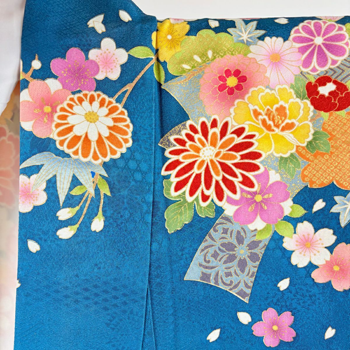 【美品】振袖禮服 身長169.5cm 袖長68cm L 雙層 菊花 短冊 金銀彩 青綠 純蠶絲 逸品級