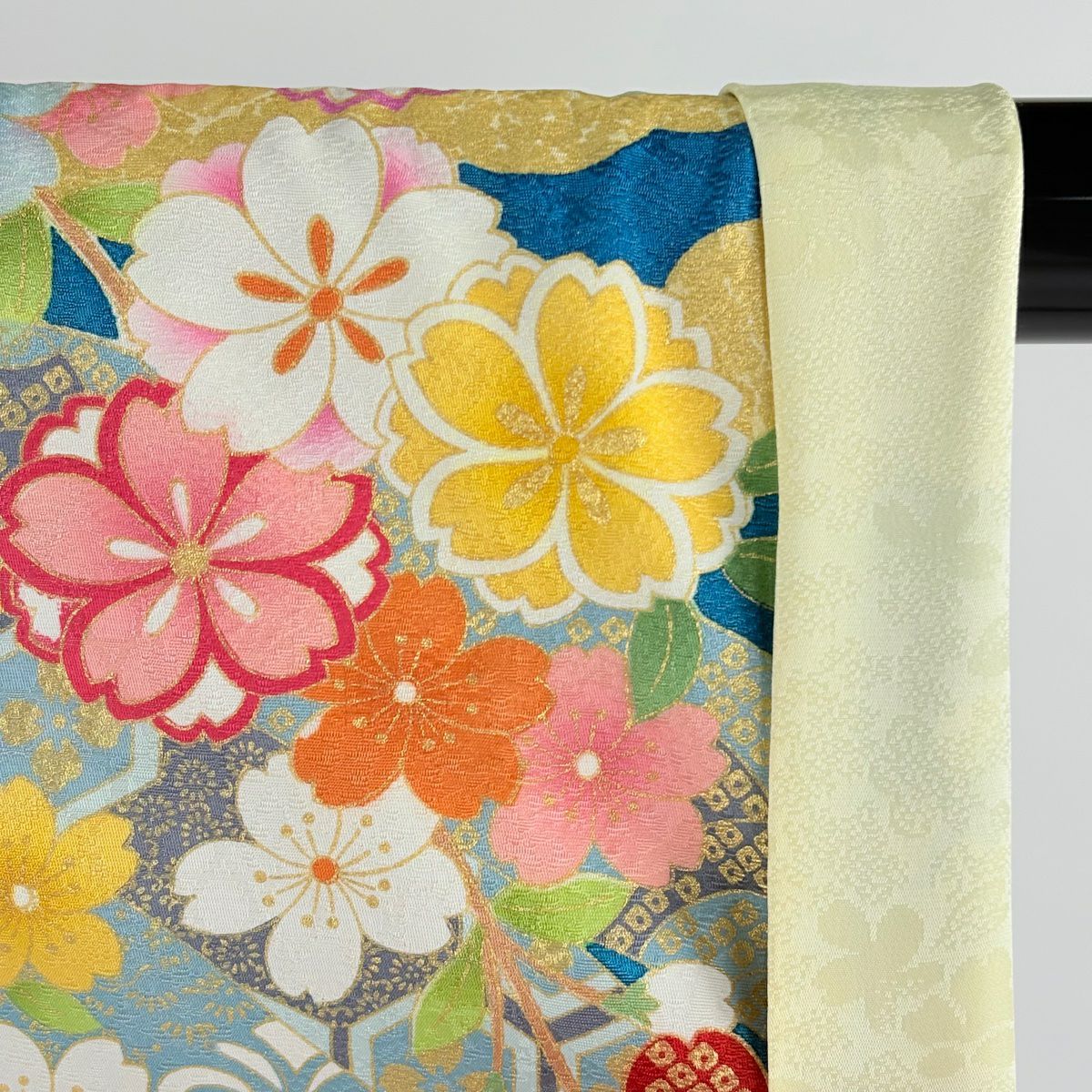 【美品】振袖禮服 身長169.5cm 袖長68cm L 雙層 菊花 短冊 金銀彩 青綠 純蠶絲 逸品級