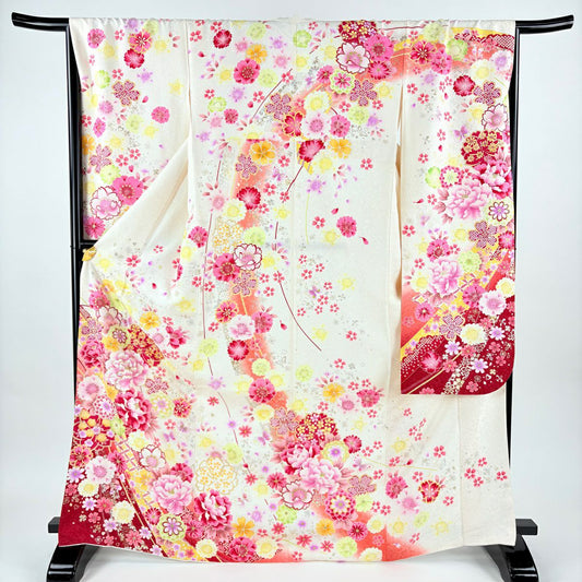 【美品】振袖禮服 身長169.5cm 袖長68.5cm L 雙層 牡丹 櫻花 銀通 金銀彩 奶油色 純蠶絲 逸品級