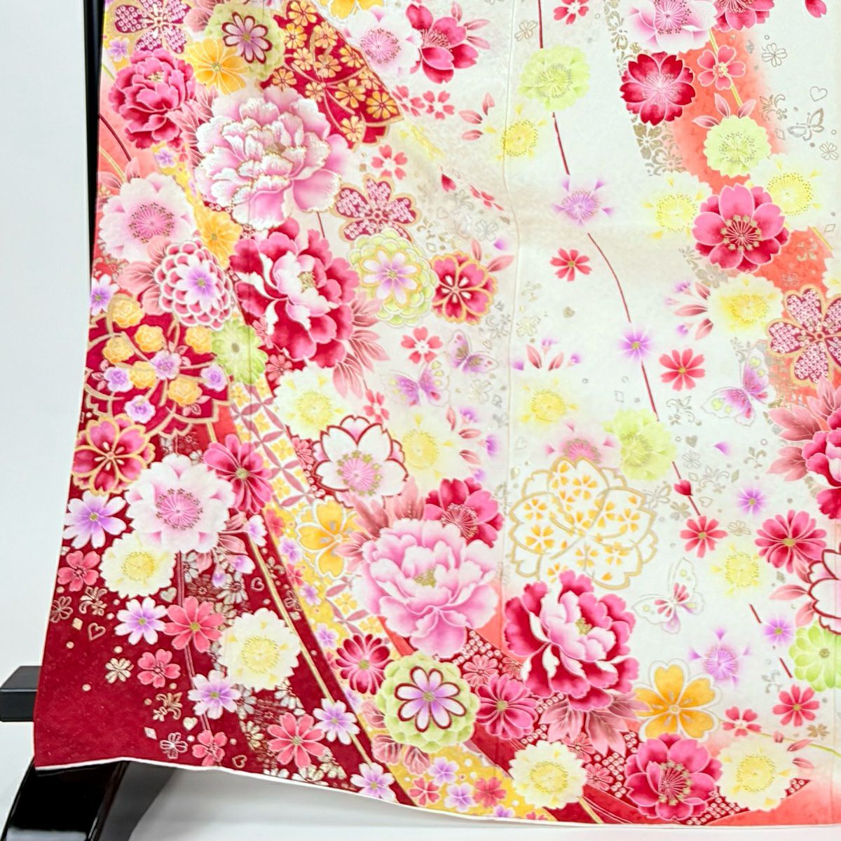 【美品】振袖禮服 身長169.5cm 袖長68.5cm L 雙層 牡丹 櫻花 銀通 金銀彩 奶油色 純蠶絲 逸品級