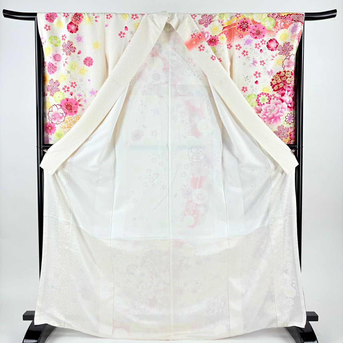 【美品】振袖禮服 身長169.5cm 袖長68.5cm L 雙層 牡丹 櫻花 銀通 金銀彩 奶油色 純蠶絲 逸品級