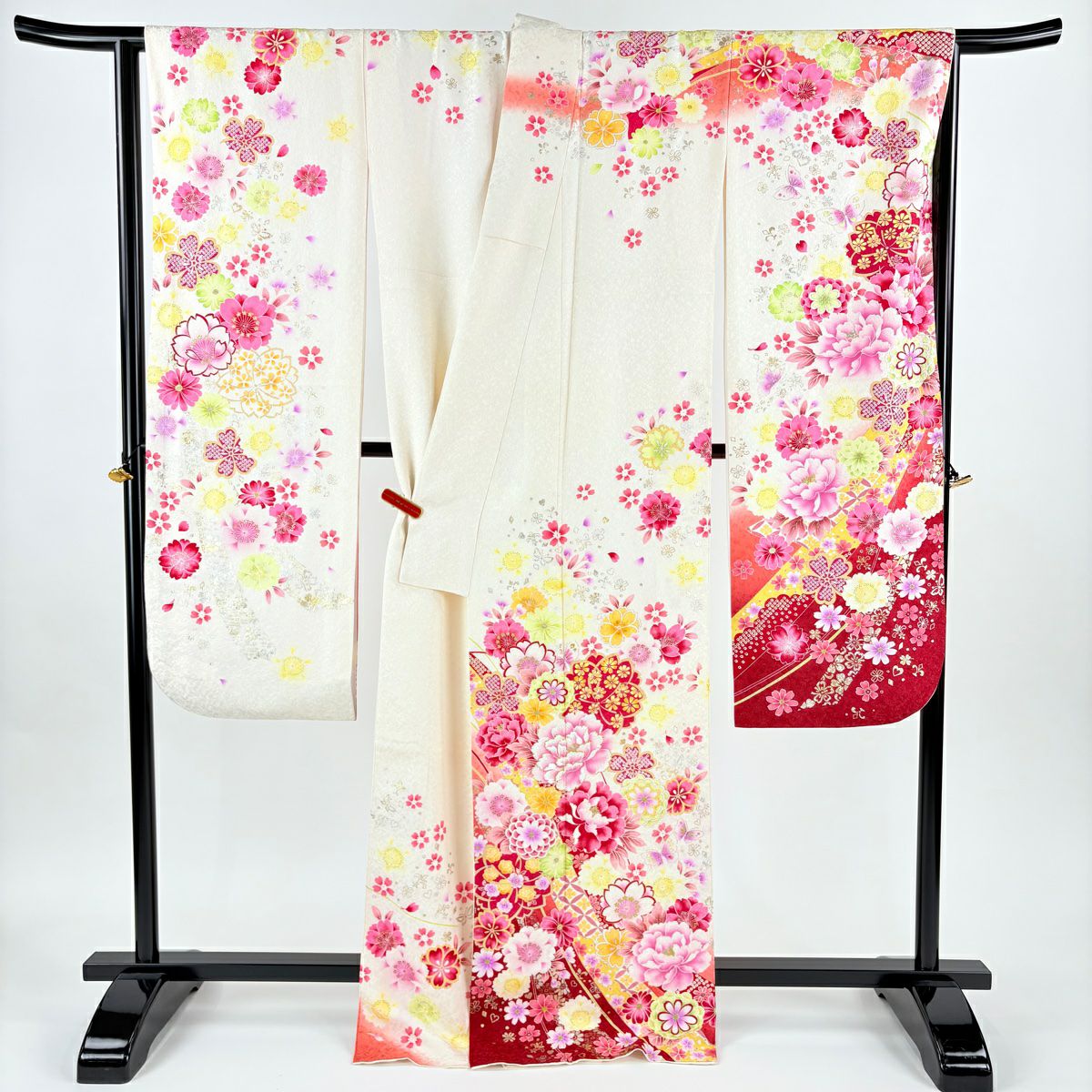 【美品】振袖禮服 身長169.5cm 袖長68.5cm L 雙層 牡丹 櫻花 銀通 金銀彩 奶油色 純蠶絲 逸品級