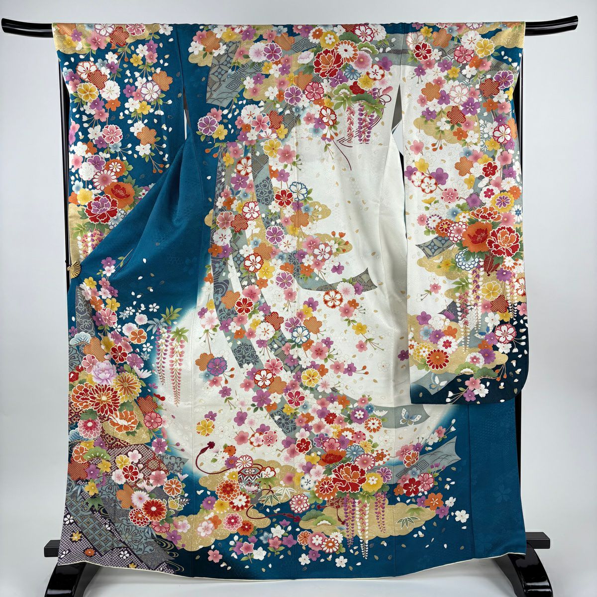 振袖禮服 身長169.5cm 袖長68cm L 雙層 菊花 草花紋紋 銀通 金絲 青綠 純蠶絲 逸品級