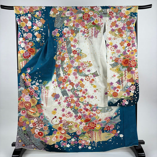 振袖禮服 身長169.5cm 袖長68cm L 雙層 菊花 草花紋紋 銀通 金絲 青綠 純蠶絲 逸品級