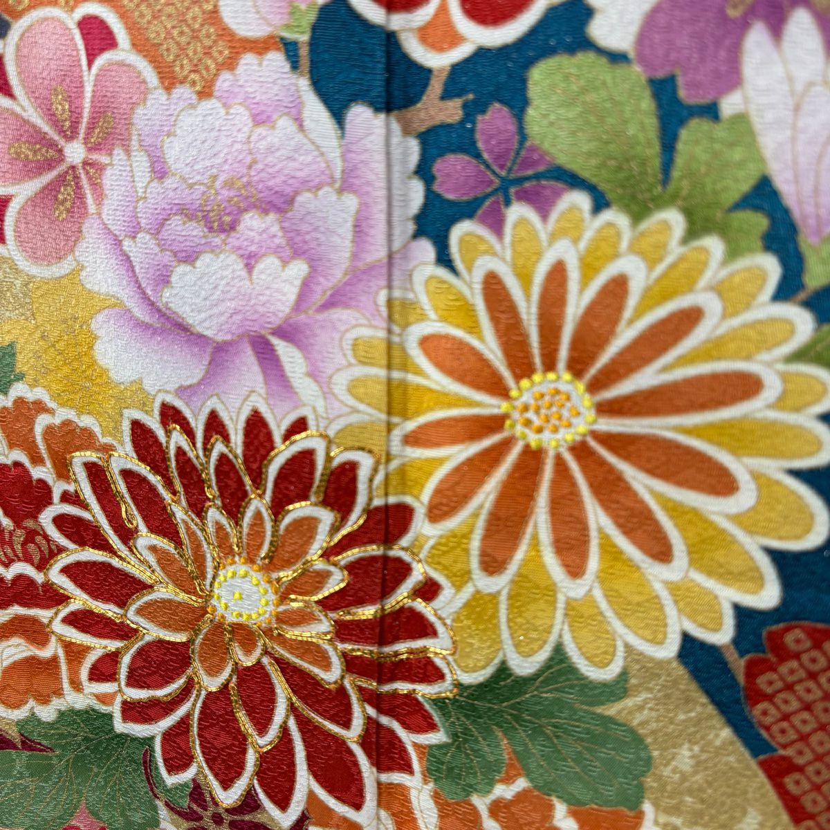 振袖禮服 身長169.5cm 袖長68cm L 雙層 菊花 草花紋紋 銀通 金絲 青綠 純蠶絲 逸品級