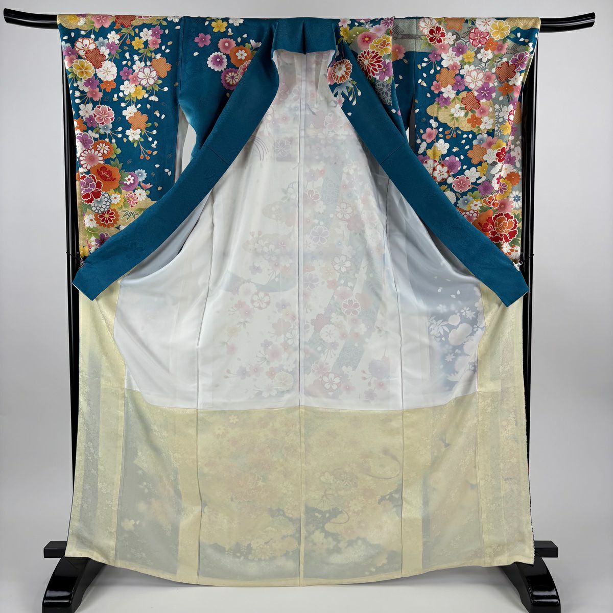 振袖禮服 身長169.5cm 袖長68cm L 雙層 菊花 草花紋紋 銀通 金絲 青綠 純蠶絲 逸品級